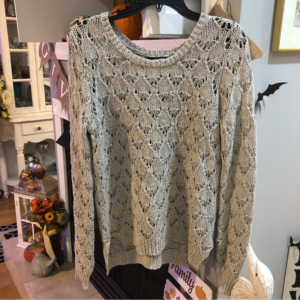 Jessica Simpson Knit Woven Crochet Twist Back Sweater Top